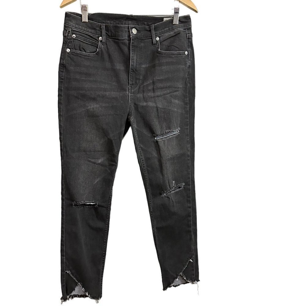 Free People We The Free High Rise Black Distressed Crossed Raw Hem Skinny‎ Jeans